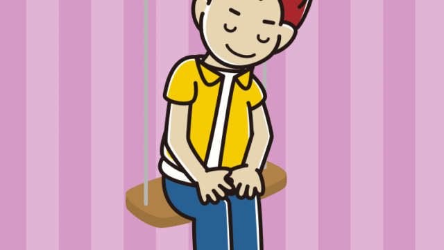 ブランコでお辞儀する男子大学生のイラスト【色、背景あり】PNG