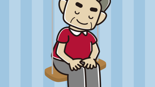 ブランコでお辞儀するおじさんのイラスト【色、背景あり】PNG