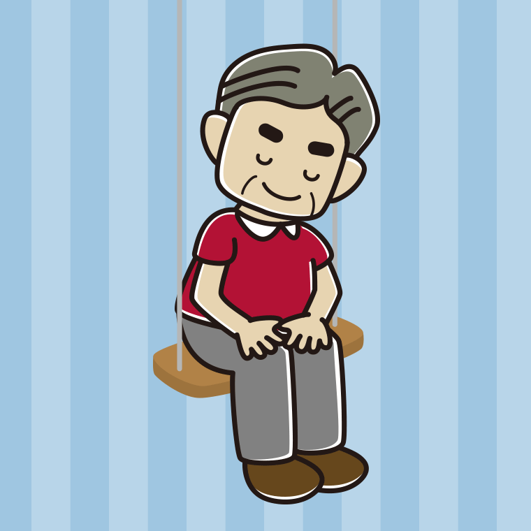 ブランコでお辞儀するおじさんのイラスト【色、背景あり】PNG