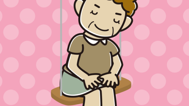 ブランコでお辞儀するおばさんのイラスト【色、背景あり】PNG