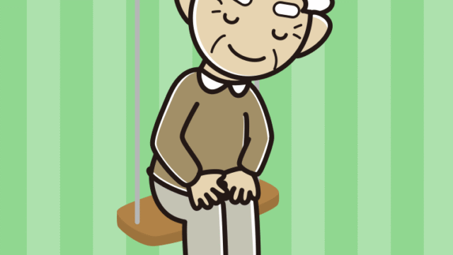 ブランコでお辞儀するおじいさんのイラスト【色、背景あり】PNG