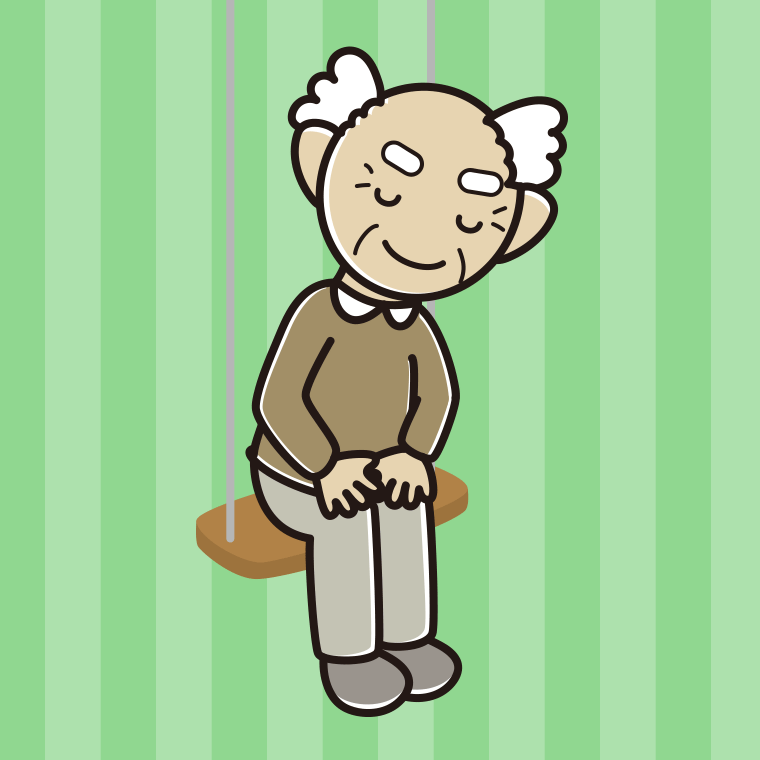 ブランコでお辞儀するおじいさんのイラスト【色、背景あり】PNG