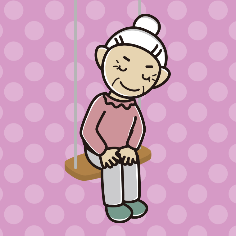 ブランコでお辞儀するおばあさんのイラスト【色、背景あり】PNG