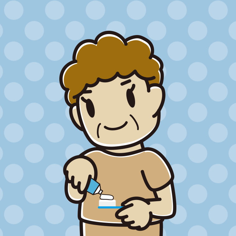 歯磨き粉をつけるおばさんのイラスト【色、背景あり】PNG