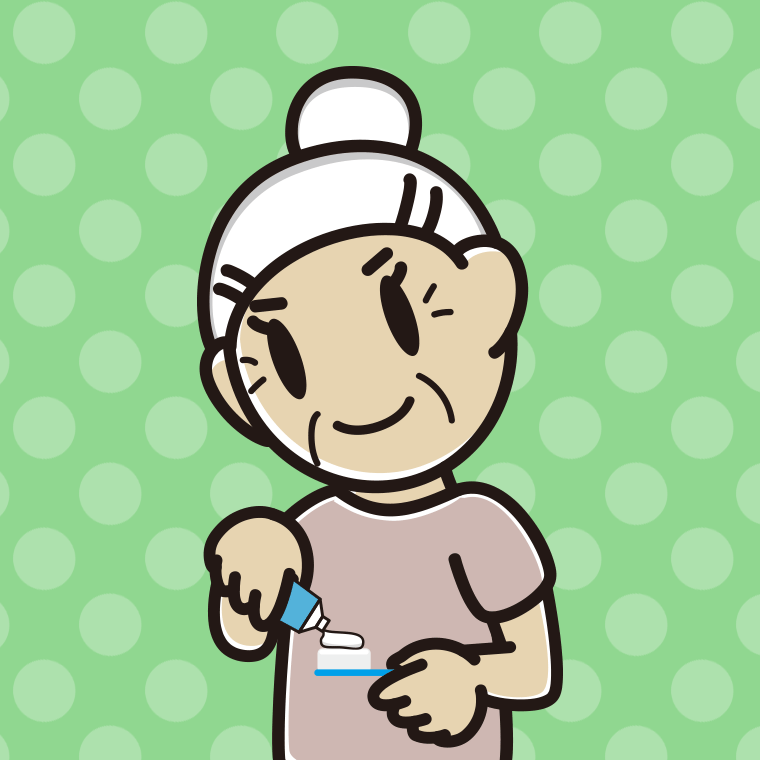 歯磨き粉をつけるおばあさんのイラスト【色、背景あり】PNG