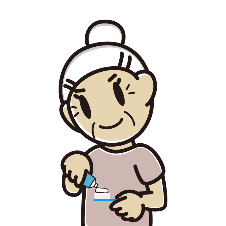 歯磨き粉をつけるおばあさんのイラスト【色あり、背景なし】透過PNG