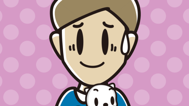 猫を抱いて苦笑いする男性のイラスト【色、背景あり】PNG