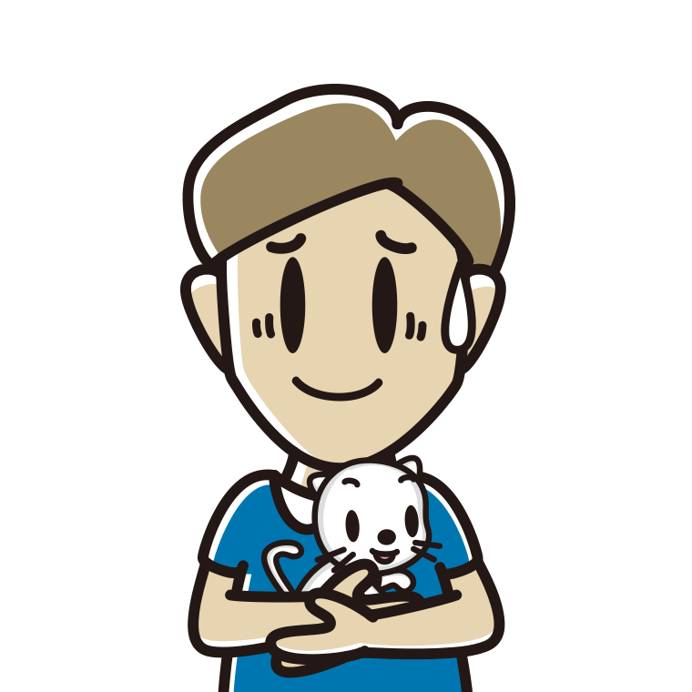 猫を抱いて苦笑いする男性のイラスト【色あり、背景なし】透過PNG
