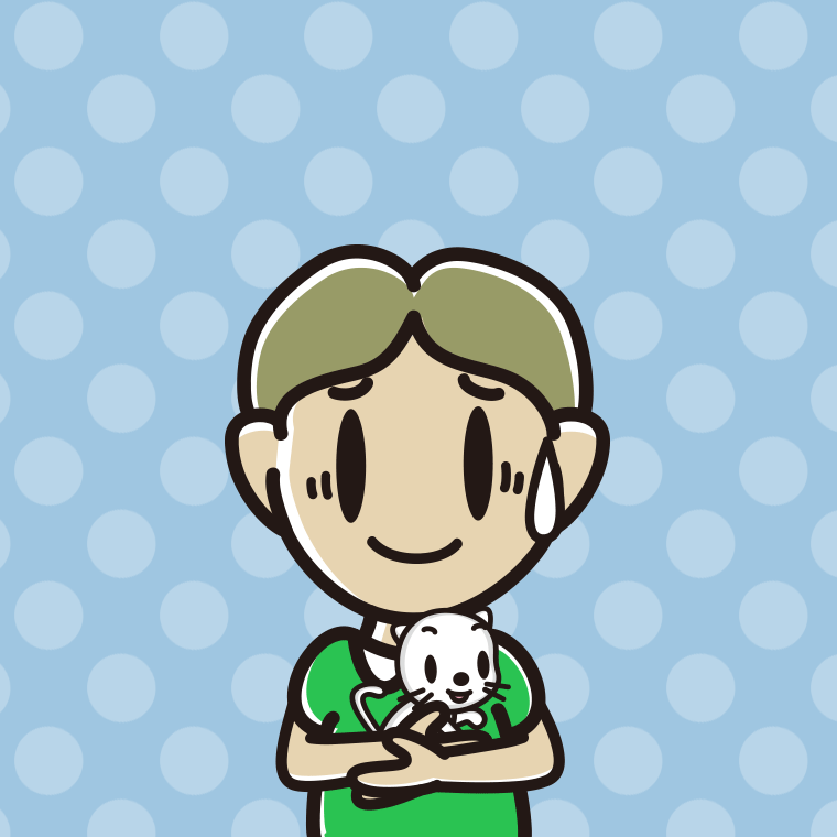 猫を抱いて苦笑いする小学生男子のイラスト【色、背景あり】PNG