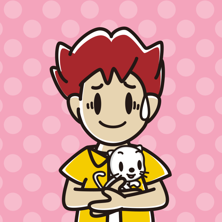 猫を抱いて苦笑いする男子大学生のイラスト【色、背景あり】PNG