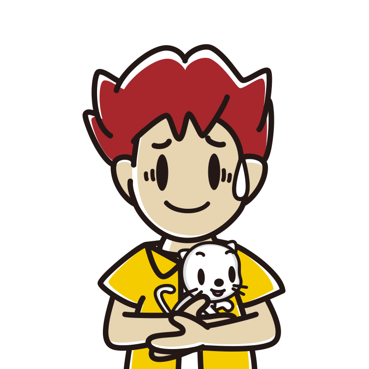 猫を抱いて苦笑いする男子大学生のイラスト【色あり、背景なし】透過PNG