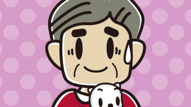 猫を抱いて苦笑いするおじさんのイラスト【色、背景あり】PNG