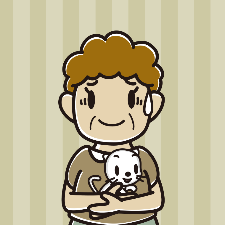 猫を抱いて苦笑いするおばさんのイラスト【色、背景あり】PNG