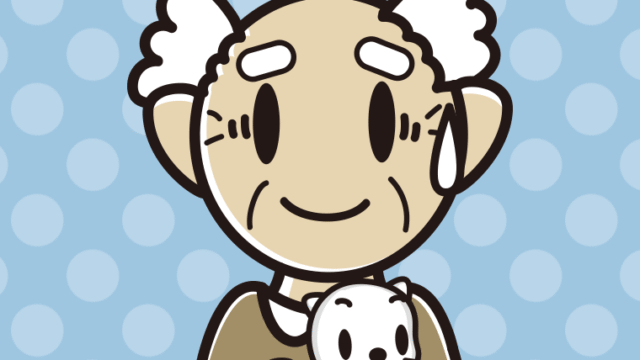 猫を抱いて苦笑いするおじいさんのイラスト【色、背景あり】PNG