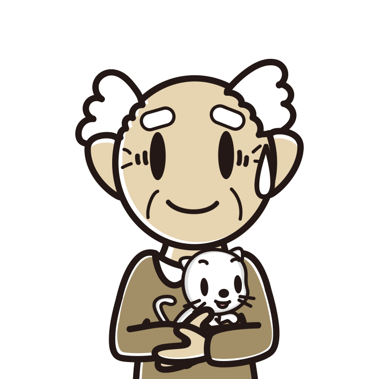 猫を抱いて苦笑いするおじいさんのイラスト【色あり、背景なし】透過PNG