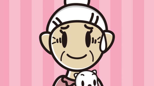 猫を抱いて苦笑いするおばあさんのイラスト【色、背景あり】PNG