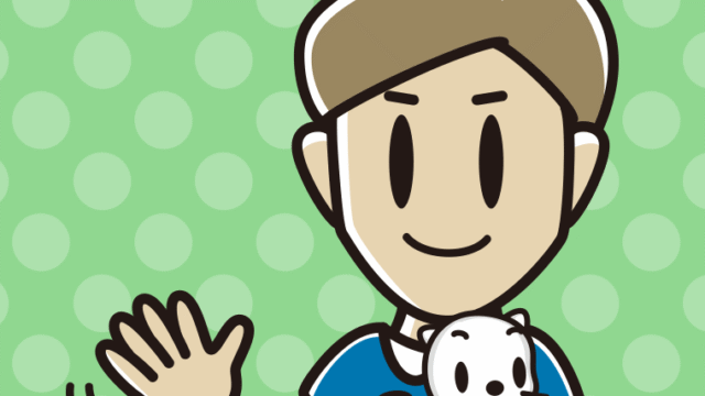 猫を抱いて手を振る男性のイラスト【色、背景あり】PNG