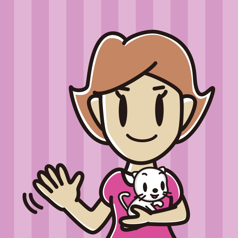 猫を抱いて手を振る女性のイラスト【色、背景あり】PNG