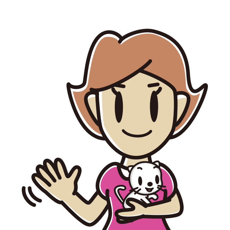 猫を抱いて手を振る女性のイラスト【色あり、背景なし】透過PNG