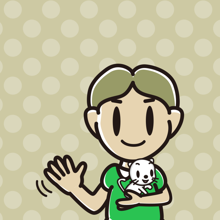 猫を抱いて手を振る小学生男子のイラスト【色、背景あり】PNG