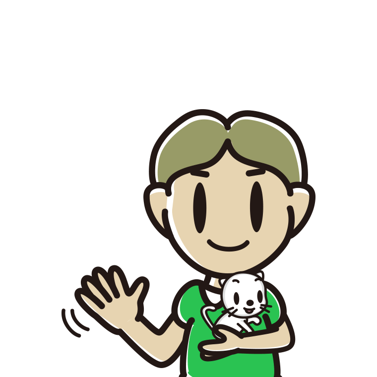 猫を抱いて手を振る小学生男子のイラスト【色あり、背景なし】透過PNG