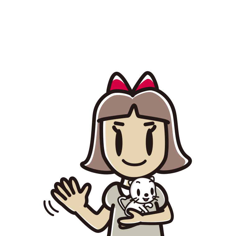 猫を抱いて手を振る小学生女子のイラスト【色あり、背景なし】透過PNG