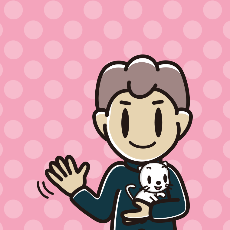 猫を抱いて手を振る男子中学生のイラスト【色、背景あり】PNG