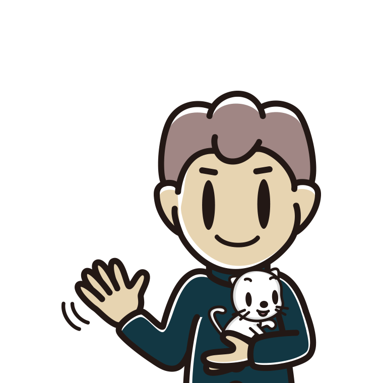 猫を抱いて手を振る男子中学生のイラスト【色あり、背景なし】透過PNG