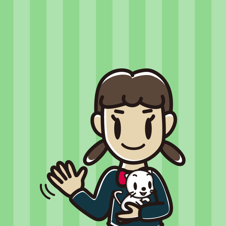 猫を抱いて手を振る女子中学生のイラスト【色、背景あり】PNG