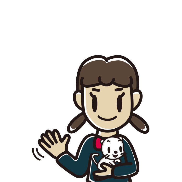 猫を抱いて手を振る女子中学生のイラスト【色あり、背景なし】透過PNG