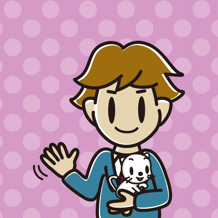 猫を抱いて手を振る男子高校生のイラスト【色、背景あり】PNG