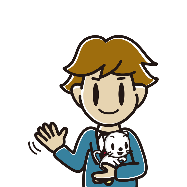 猫を抱いて手を振る男子高校生のイラスト【色あり、背景なし】透過PNG