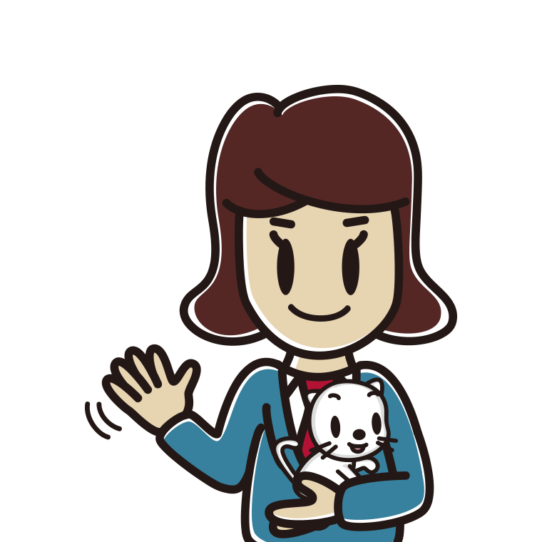 猫を抱いて手を振る女子高校生のイラスト【色あり、背景なし】透過PNG