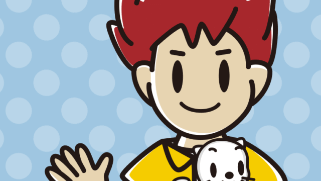 猫を抱いて手を振る男子大学生のイラスト【色、背景あり】PNG