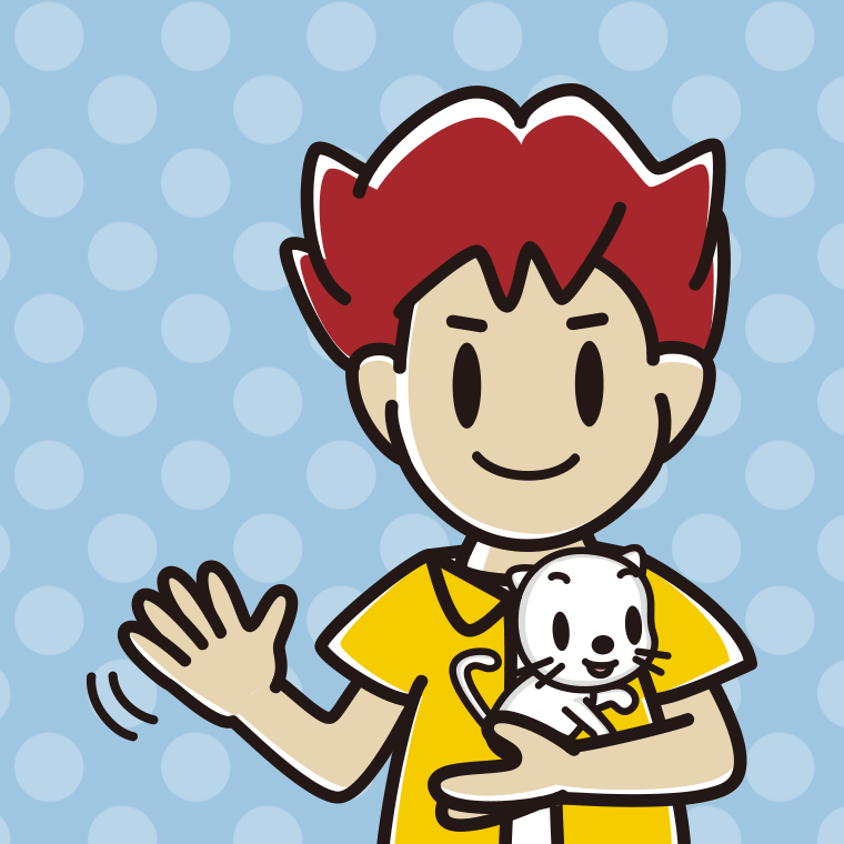 猫を抱いて手を振る男子大学生のイラスト【色、背景あり】PNG