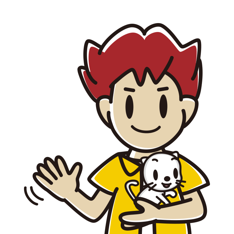 猫を抱いて手を振る男子大学生のイラスト【色あり、背景なし】透過PNG