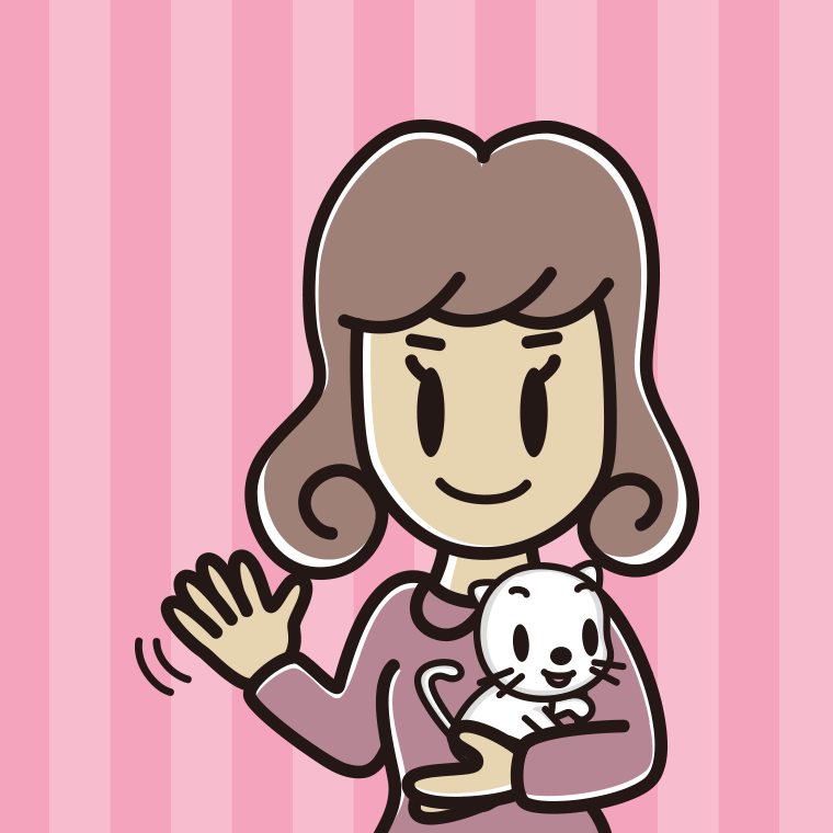 猫を抱いて手を振る女子大学生のイラスト【色、背景あり】PNG