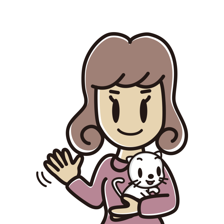 猫を抱いて手を振る女子大学生のイラスト【色あり、背景なし】透過PNG