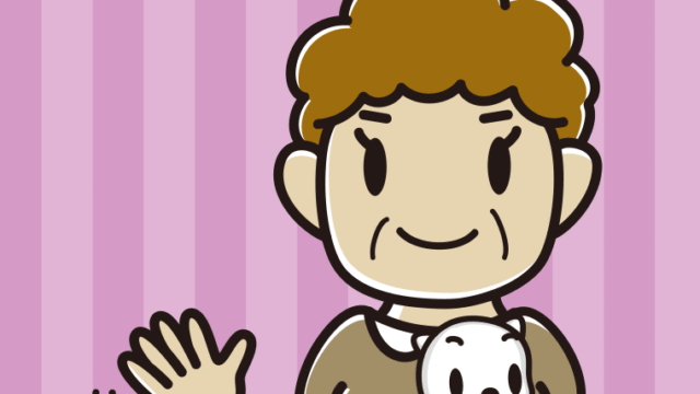 猫を抱いて手を振るおばさんのイラスト【色、背景あり】PNG