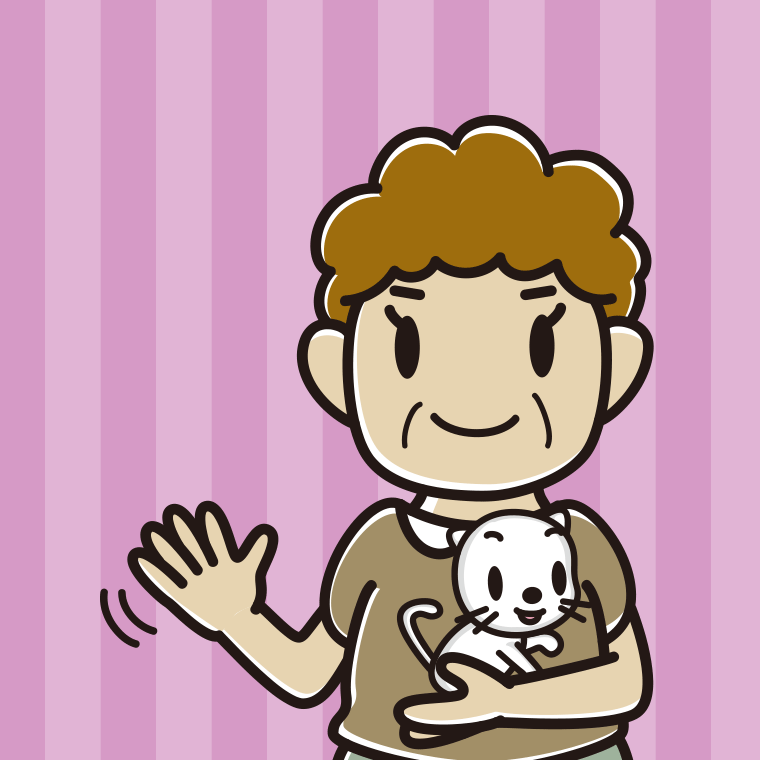 猫を抱いて手を振るおばさんのイラスト【色、背景あり】PNG