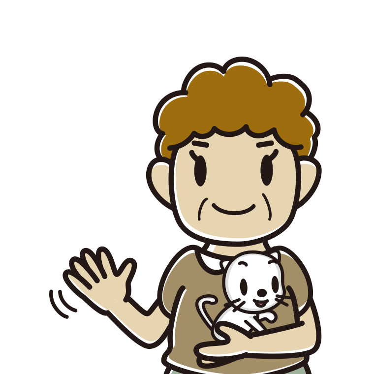 猫を抱いて手を振るおばさんのイラスト【色あり、背景なし】透過PNG