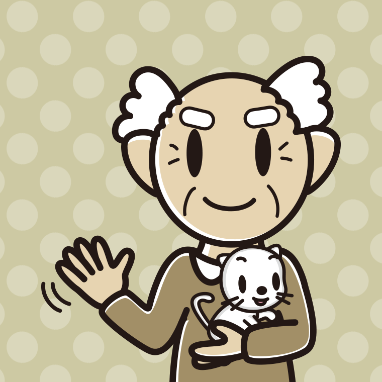 猫を抱いて手を振るおじいさんのイラスト【色、背景あり】PNG