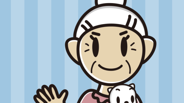 猫を抱いて手を振るおばあさんのイラスト【色、背景あり】PNG