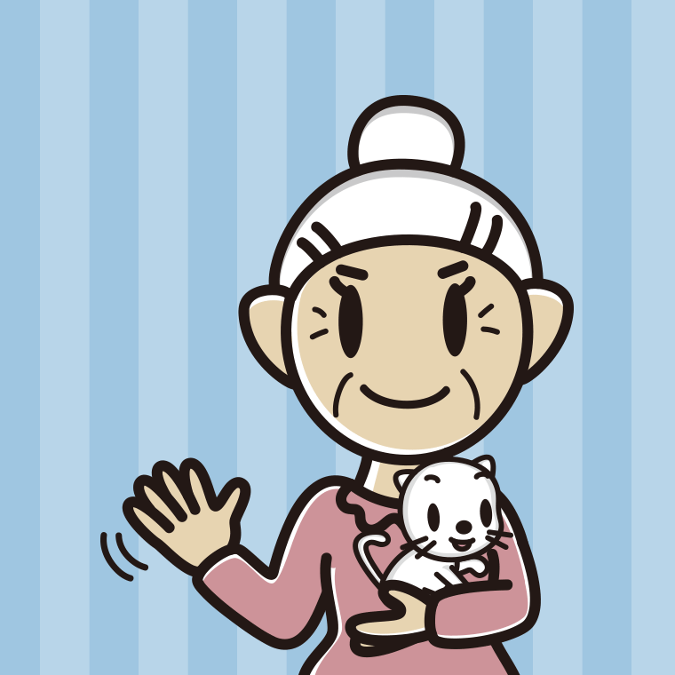 猫を抱いて手を振るおばあさんのイラスト【色、背景あり】PNG