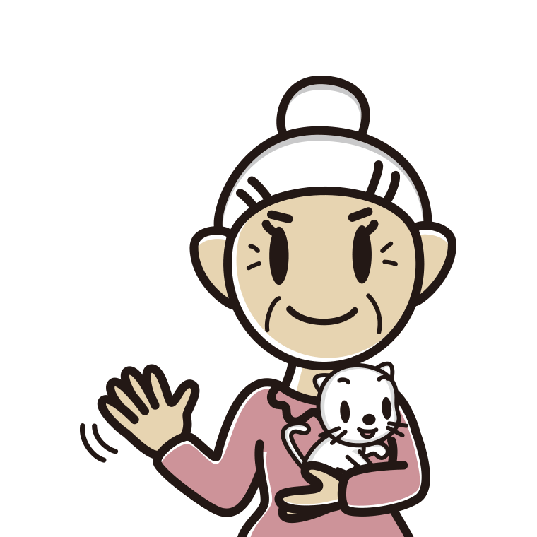 猫を抱いて手を振るおばあさんのイラスト【色あり、背景なし】透過PNG