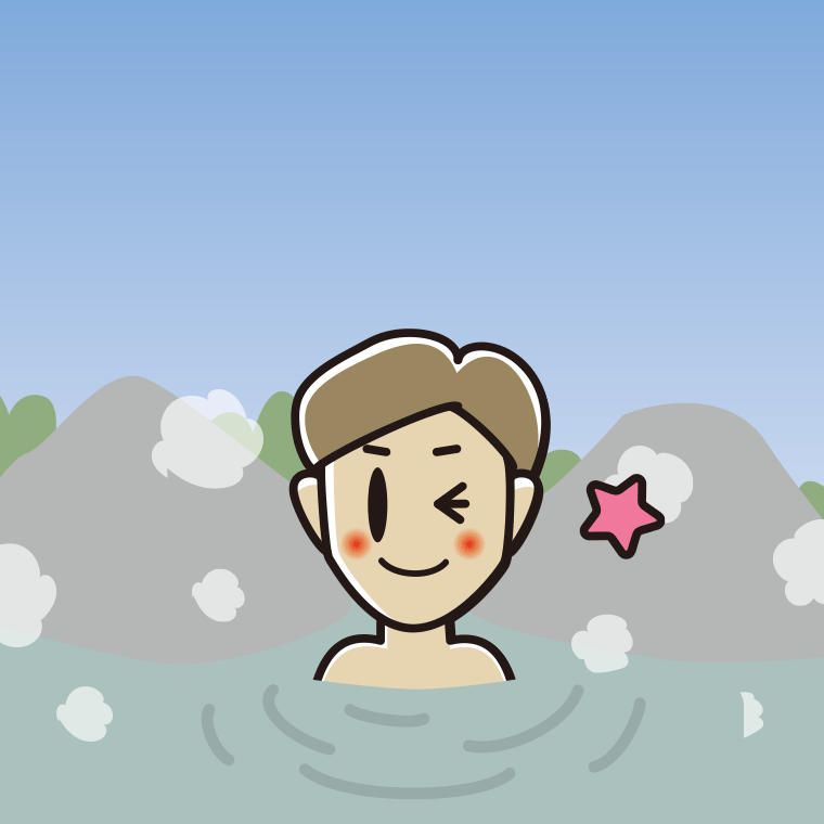 温泉でウインクする男性のイラスト【色、背景あり】PNG