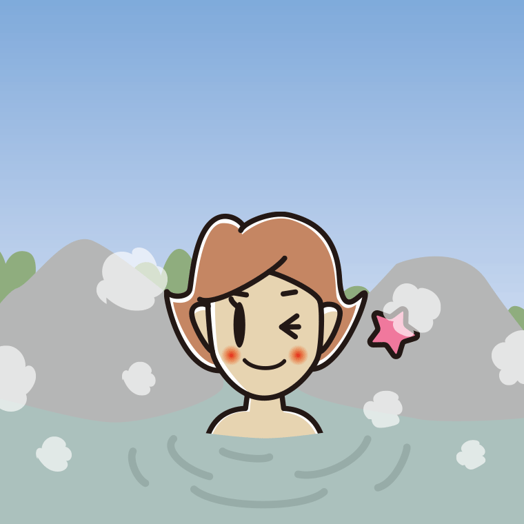 温泉でウインクする女性のイラスト【色、背景あり】PNG
