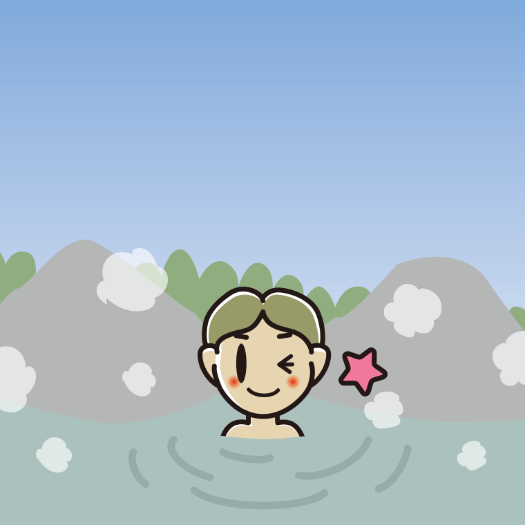 温泉でウインクする小学生男子のイラスト【色、背景あり】PNG