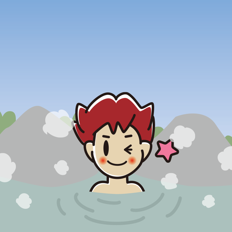 温泉でウインクする男子大学生のイラスト【色、背景あり】PNG