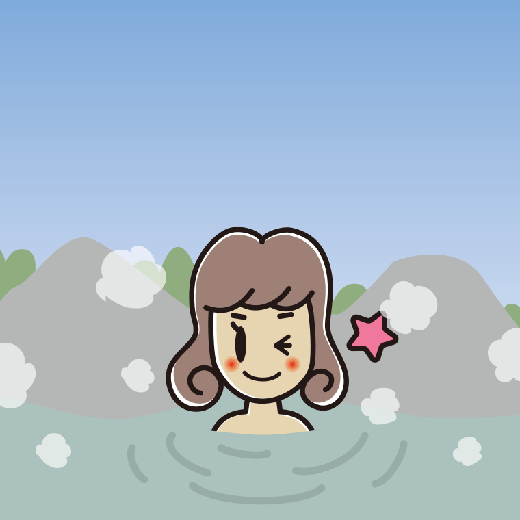 温泉でウインクする女子大学生のイラスト【色、背景あり】PNG